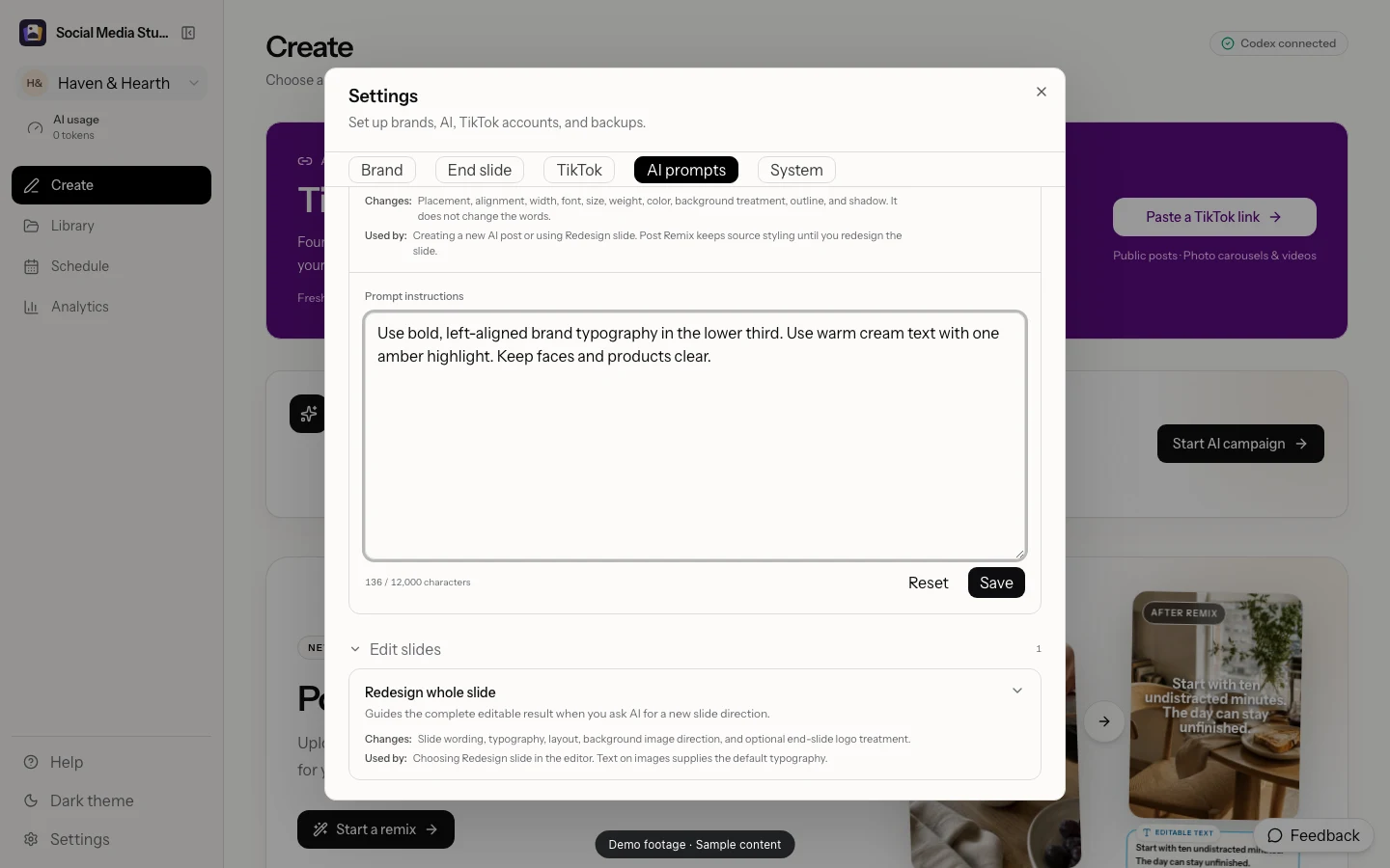 Current Studio AI prompt settings, filtered to Text on images, with instructions and save controls