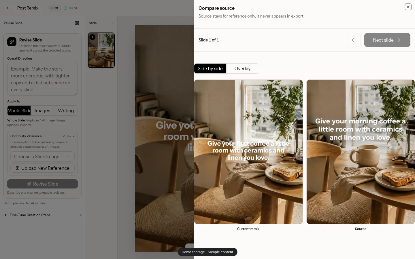 Editable TikTok remix beside a closely matched source photo, both with similar coffee and ceramics headlines
